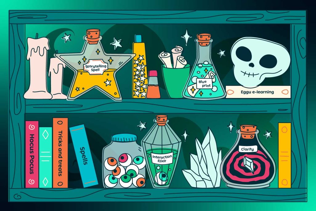 Shelf with potions "storytelling spell", "Blue print", "Interaction elixir" and "clarity"